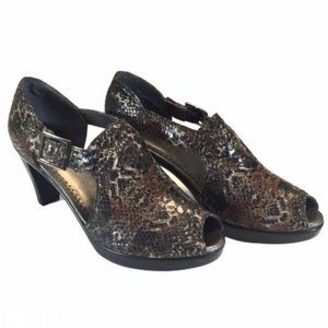 Bella Vita Womens Snake Print Open Toe Pumps Black Brown Leather Buckle size 6